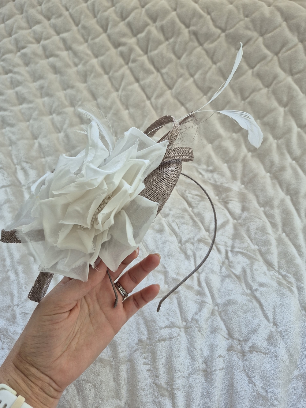 Taupe Women’s Fascinator Hat with White Feather Accent